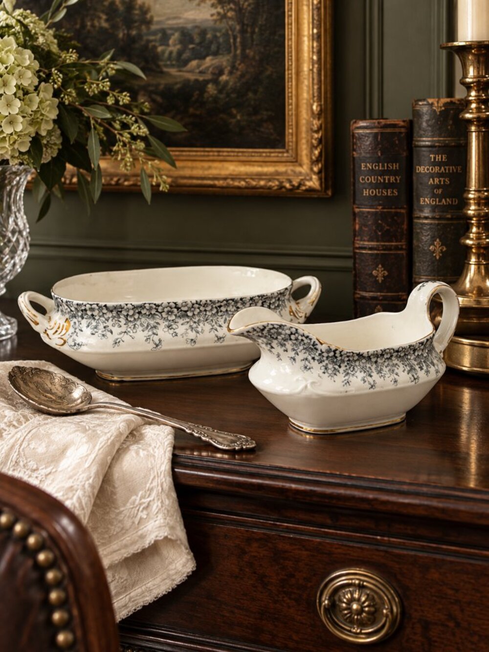 Rare Antique Henry Alcock & Co Utopian Serving Bowl & Gravy Boat England